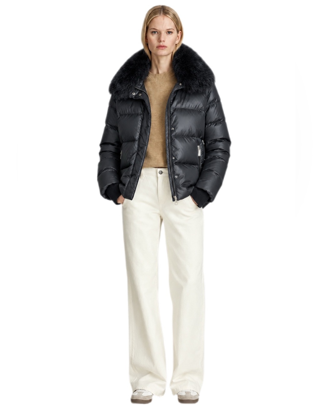 Dawn Levy Vera Navy Down Puffer Jacket Removable Black Saga Fur Collar Size L